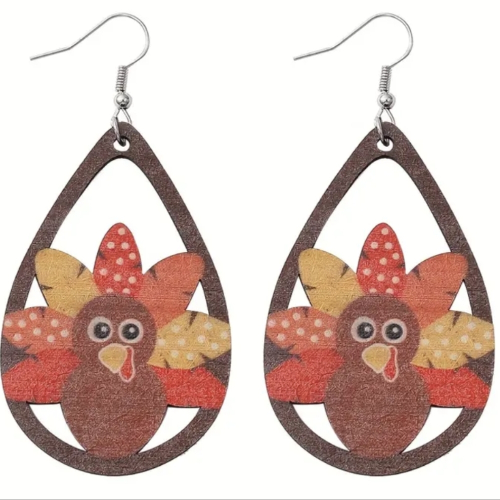 Brand New Thanksgiving Cute Turkey Drop/Dangle Wooden Earrings